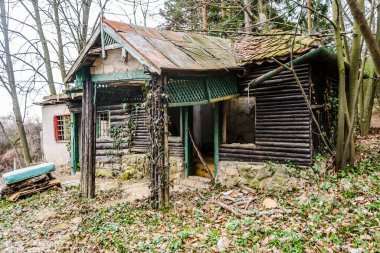 Novi Sad kasabası yakınlarındaki Fruska Gora dağındaki yaprak döken orman. Ormanın kenarında terk edilmiş bir kulübe.. 