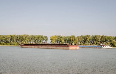 Novi Sad, Sırbistan - 17 Temmuz. 2019: Sırbistan 'ın Novi Sad kentindeki Tuna Nehri üzerindeki demirli tankerler.