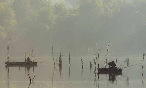 ノヴィ セルビア 2015年10月22日 ノヴィ サド市の近くにある小さな自然湖 湖の海岸 最初の朝の霧に覆われて — ストック写真