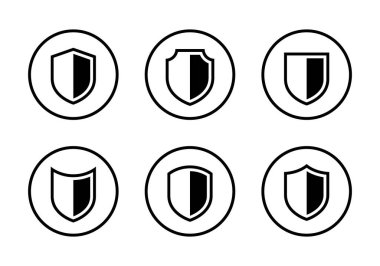Güvenlik kalkanı simgesi koleksiyonu dairesel hatlarda ayarlandı. Koruma, gizlilik ve savunma sembolü