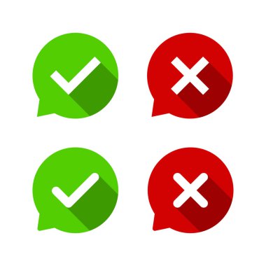 Konuşma baloncuğu işaretli ve çapraz iz simgesi. Uzun gölgeli onay ve ret mesajı sembolü