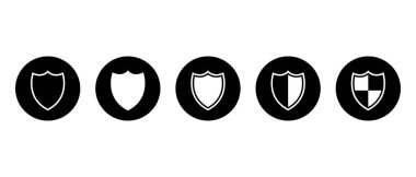 Kalkan simgesi siyah daireye ayarlandı. Koruma güvenlik sembolü. Savunma, zırh rozeti koleksiyonu