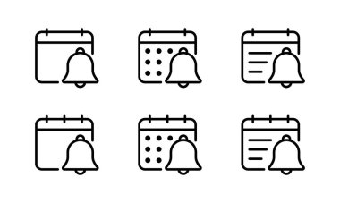Takvim anımsatıcı uyarı simgesi seti. Bildirim simgesini ayarla. Çan çizgisi işareti olan tarih