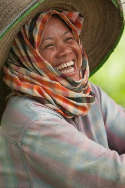Chiang Mai eyaletinde, Kuzey Tayland. Temmuz ayında muson sırasında, bir kadın çeltik tarlalarında mola veriyor