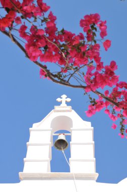 Kilise Bell ve pembe çiçekler Mykonos, Yunanistan