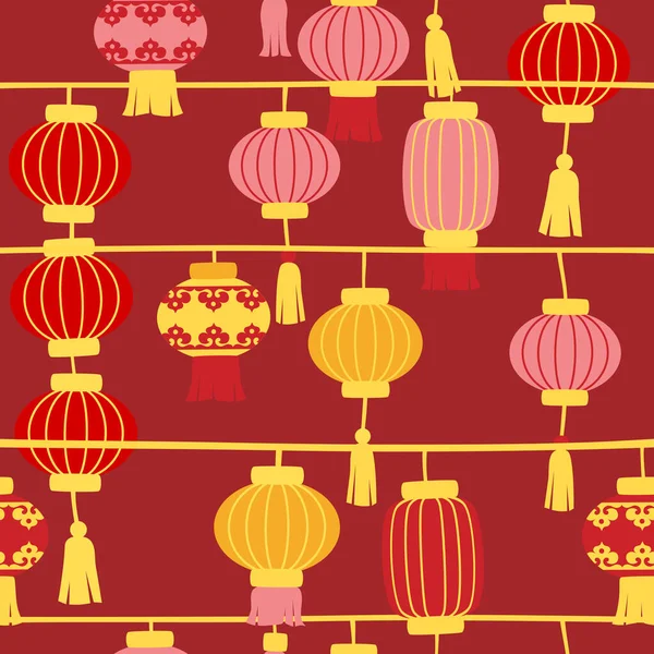 Chinesische Neujahrslaternen Auf Rotem Hintergrund Nahtlos — Stockvektor