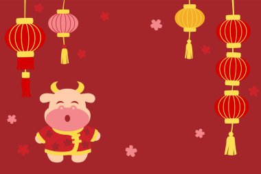Kırmızı arka planda öküz ve fenerlerle Çin yeni yılı