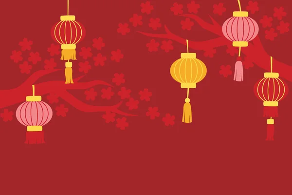 Chinese New Year Background Lanterns Cherry Blossom Tree — Image vectorielle