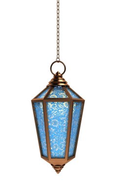 Arapça ramazan fener | 3D çizim | Bakır metal fener açık mavi çiçek ile cam baskılı