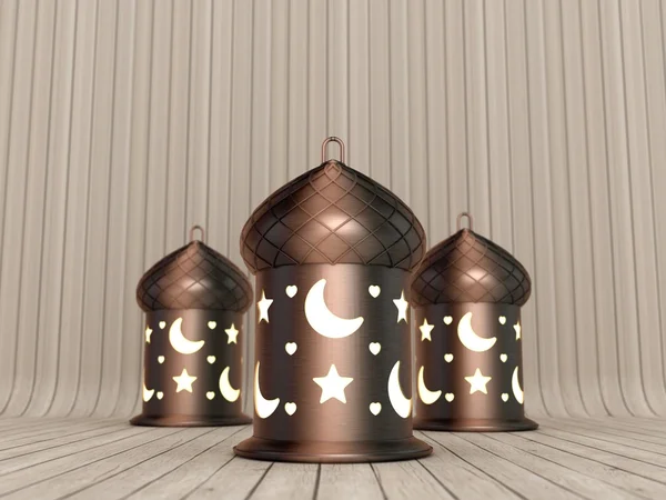 Arabic Ramadan Lantern Illustration Copper Metallic Lantern Crescents Stars Wood — Fotografie, imagine de stoc