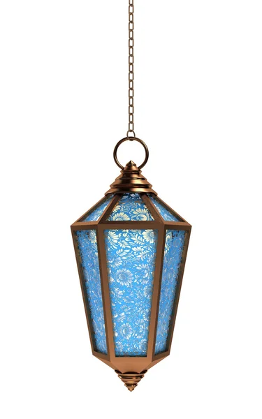 Arapça ramazan fener | 3D çizim | Bakır metal fener açık mavi çiçek ile cam baskılı
