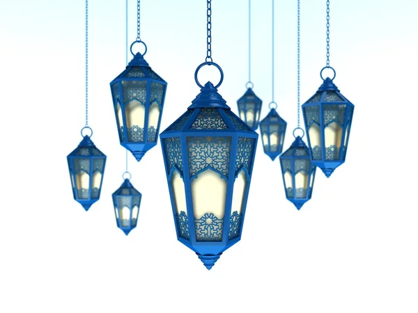 Arabic Ramadan Lantern Background | 3D Illustration | Blue Arabesque Metallic Lanterns in perspective view