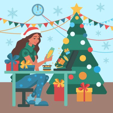  Yeni yıl partisini karantina modunda kutluyoruz. İnternet partisi. Kız, farklı ülke ve şehirlerde yaşayan arkadaşlarıyla bir video konferansında eğleniyor..