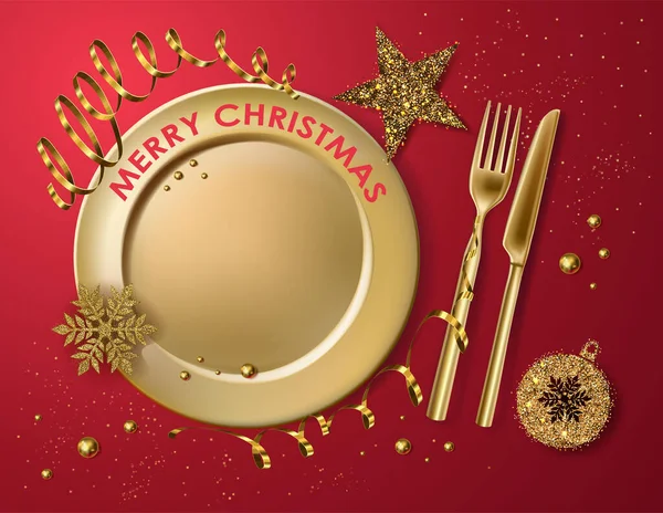 Χριστουγεννιάτικο Τραπέζι Ρύθμιση Χρυσό Πιάτο Πιρούνι Μαχαίρι Και Tinsel Νιφάδα — Φωτογραφία Αρχείου