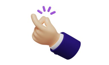 Cartoon hand with dark blue sleeves showing snap finger gesture with a purple sound, light skin tone, isolated on white background, 3D rendering  clipart