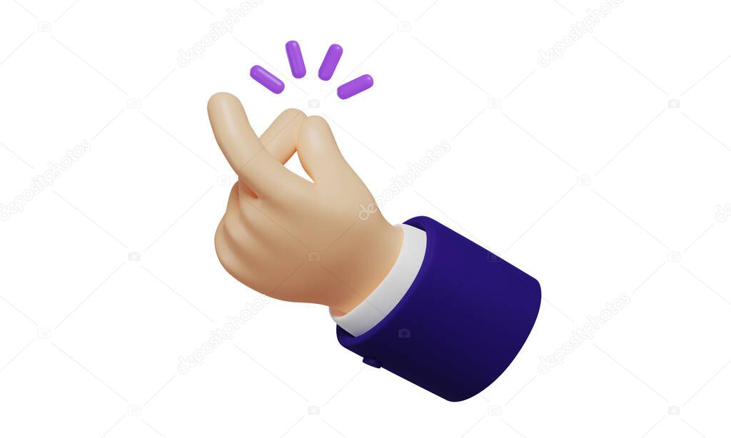 Cartoon hand with dark blue sleeves showing snap finger gesture with a purple sound, light skin tone, isolated on white background, 3D rendering 