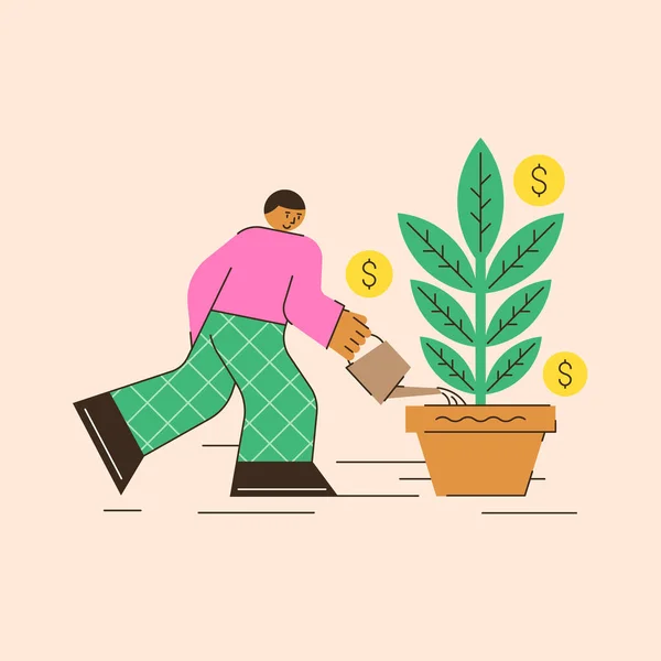 Ilustración Vectorial Las Finanzas Empresariales Hombre Regando Cultivando Árbol Dinero — Archivo Imágenes Vectoriales