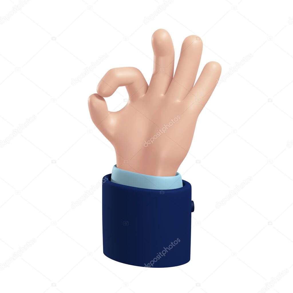 Cartoon light skin tone 3d hand with dark blue sleeve showing OK, well done icon isolated on white background, 3D rendering