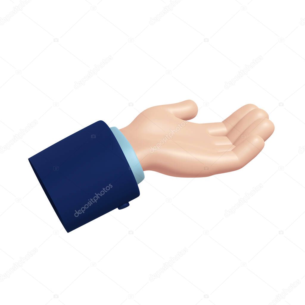 Cartoon 3d hand with light skin tone with dark blue jacket sleeve shows beckoning sign, translated into come here indicating invitation isolated on white background, 3D rendering