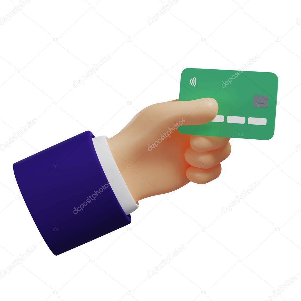 3D green credit card in hand, plastic card, isolated on white background, 3d illustration