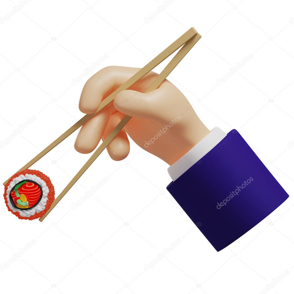 3d hand holding a sushi roll with bamboo sticks, uramaki, japanese cuisine, isolated illustration on a white background, 3d rendering