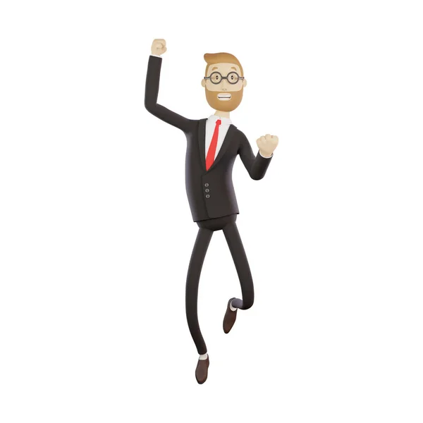 メガネを持つ3D文字ビジネスマンは喜びを示し 仕事で成功し 喜びのためにジャンプし 白い背景に孤立したイラスト 3Dレンダリング — ストック写真