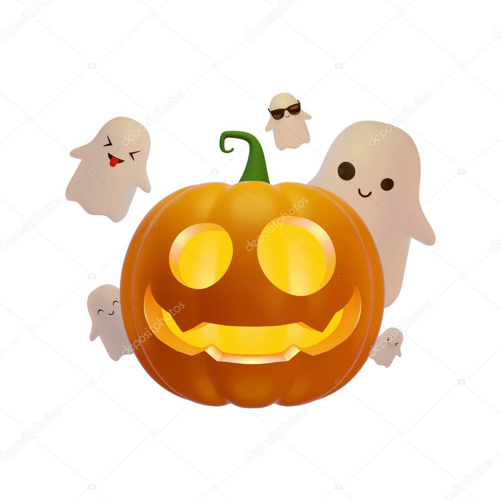 3d Jack's pumpkin lantern and flying ghosts, Halloween concept, isolated illustration on a white background, 3d rendering