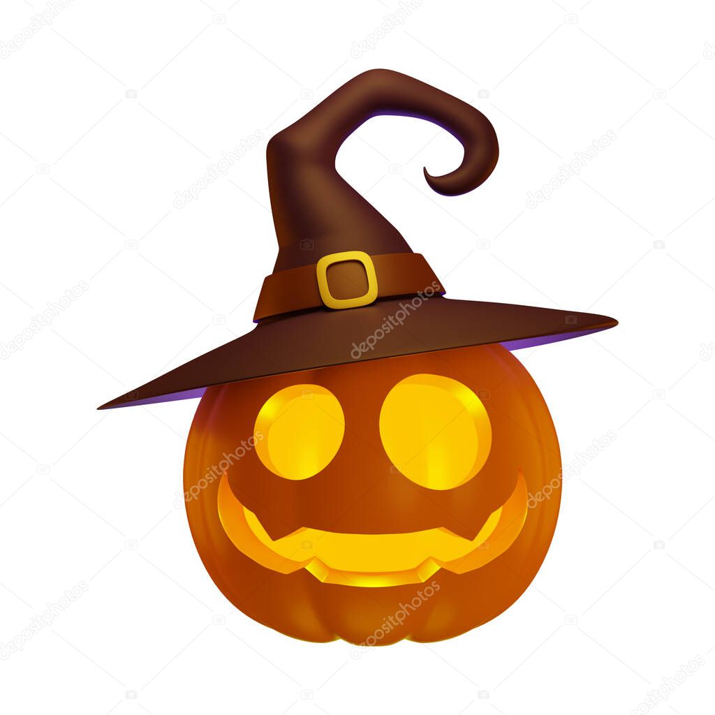 3d Jack's pumpkin lantern in witch hat, Halloween concept, isolated illustration on a white background, 3d rendering