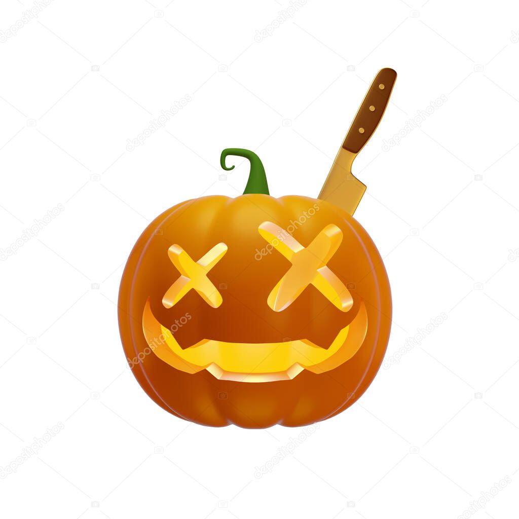 3d Jack's pumpkin lantern with a knife in head, Halloween concept, isolated illustration on a white background, 3d rendering