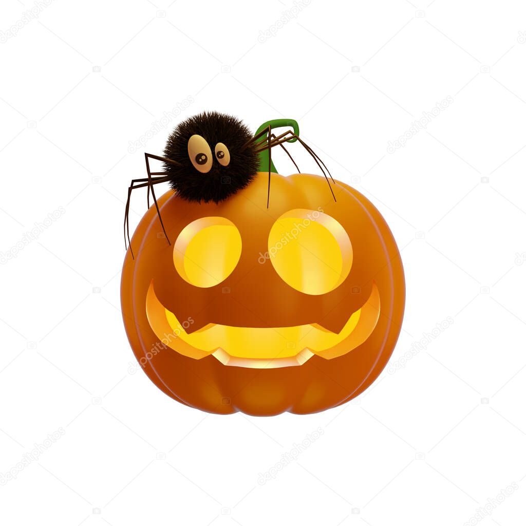  3d Jack's pumpkin lantern with spider, Halloween concept, isolated illustration on a white background, 3d rendering