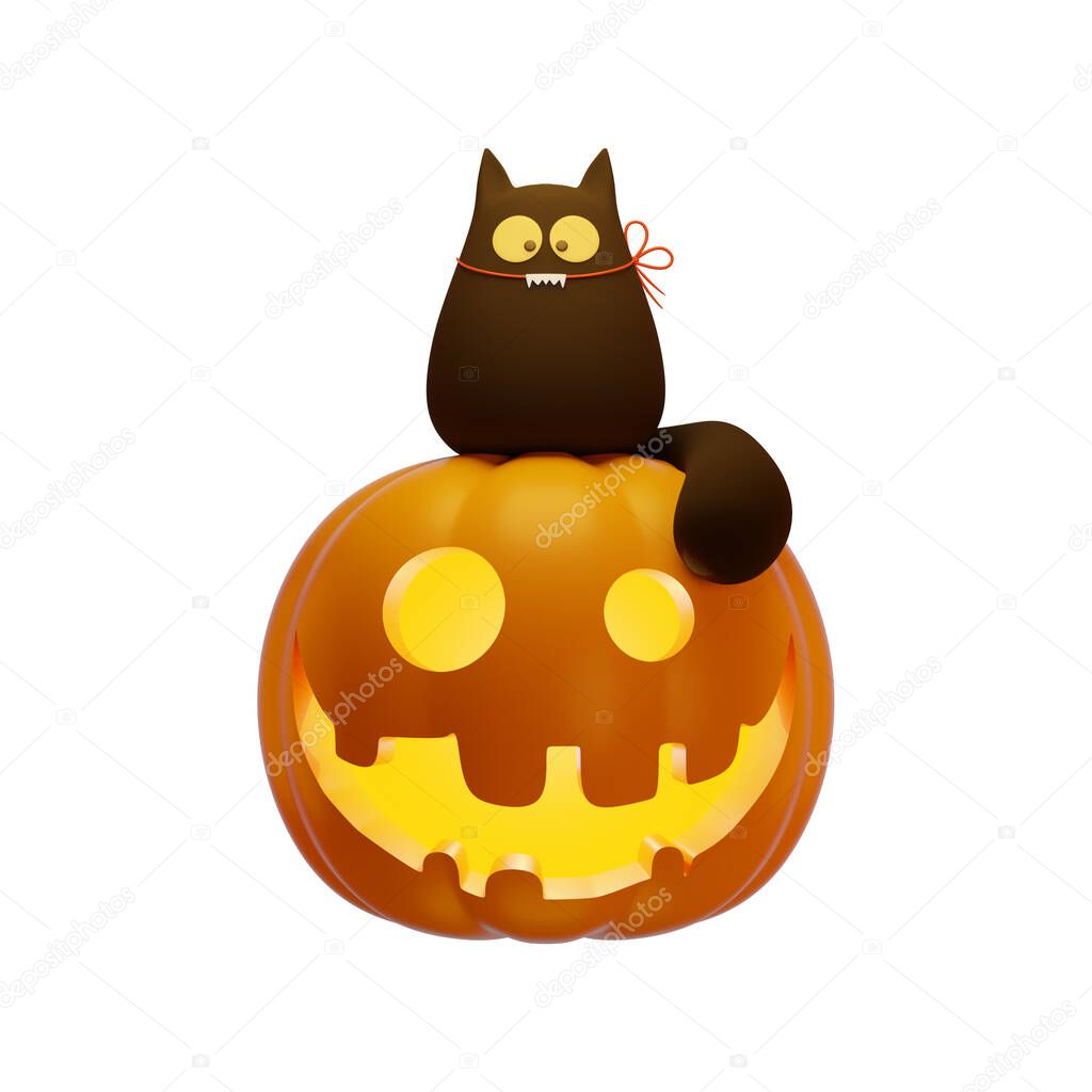 3d Jack's pumpkin lantern and black cat, Halloween concept, isolated illustration on a white background, 3d rendering