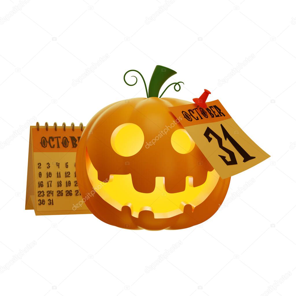 3d Jack's pumpkin lantern with a sitting black raven and the moon, Halloween concept, isolated illustration on a white background, 3d rendering