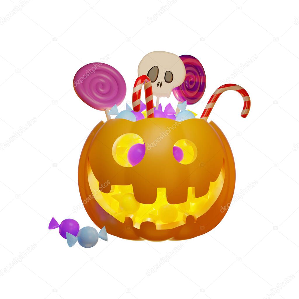 3d Jack's pumpkin lantern and children sweets, Halloween concept, isolated illustration on a white background, 3d rendering