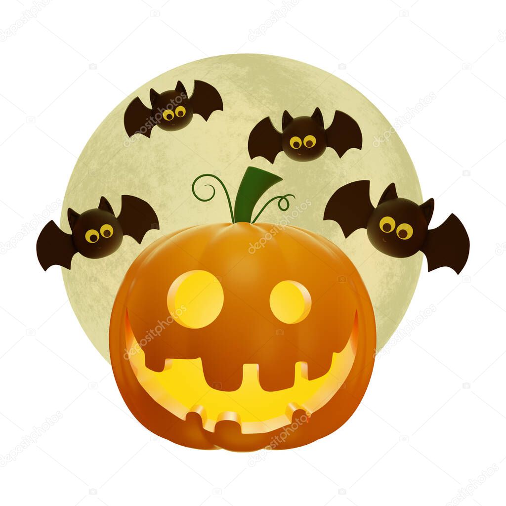 3d Jack's pumpkin lantern and full moon with flying bats, Halloween concept, isolated illustration on a white background, 3d rendering