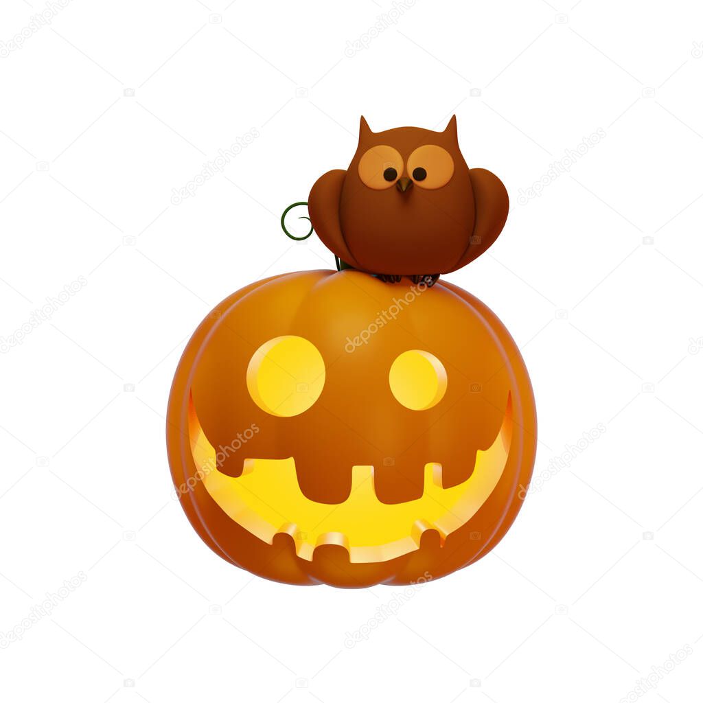 3d Jack's pumpkin lantern and owl, Halloween concept, isolated illustration on a white background, 3d rendering