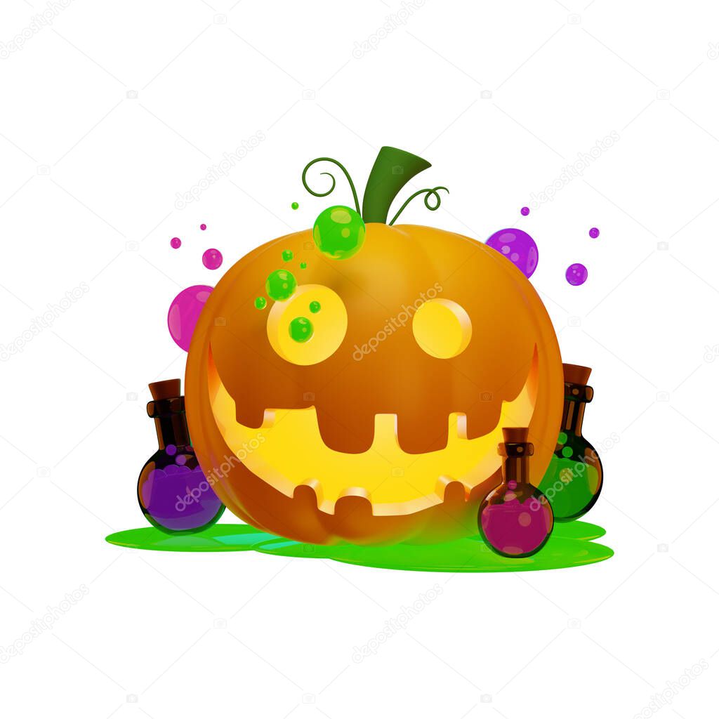 3d Jack's pumpkin lantern and witch's potions, Halloween concept, isolated illustration on a white background, 3d rendering