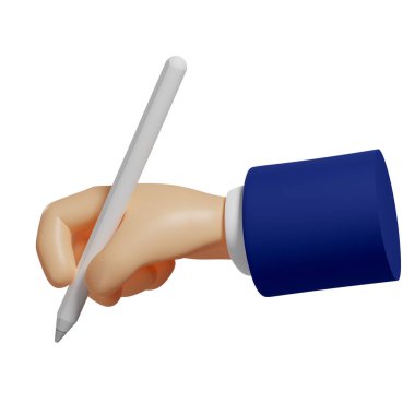 3D el bir kalem ya da dijital kalem tutar, Stylus ise tablet. Çizimler, notlar yapmak için. Beyaz arkaplanda izole bir illüstrasyon, 3 boyutlu görüntüleme