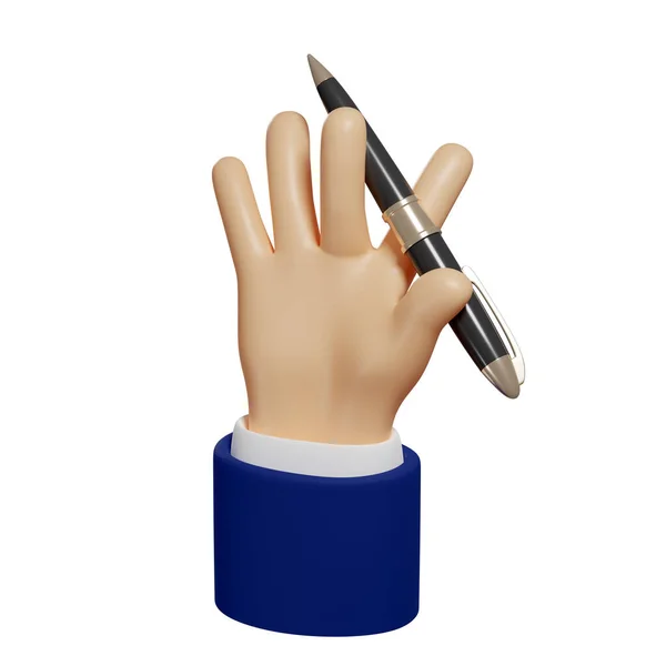 3D手はペンを持っています メモを取るには ダウンを記述します 白い背景に孤立したイラスト 3Dレンダリング — ストック写真