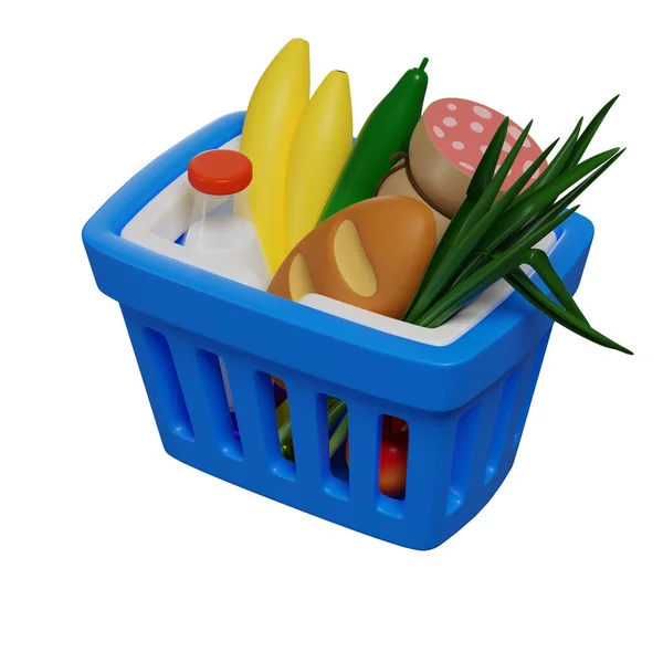 Μπλε Καλάθι Αγορών Προϊόντα Διατροφής Έννοια Online Αγορών Απομονωμένη Απεικόνιση — Φωτογραφία Αρχείου