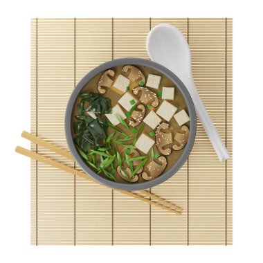 Üç boyutlu Japon miso çorbası tofu, shiitake, yuvarlak tabakta uyanma. Bir bambu halısının üzerinde, yakınlarda bir Çin kaşığı ve yemek çubukları var, beyaz arka planda üstten görünüşlü, 3 boyutlu.