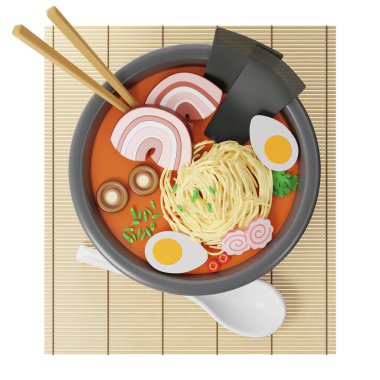Japon Ramen çorbası bambu hasırının üstünde yuvarlak bir tabakta, yemek çubukları çorbanın içinde kaşığın yanında, beyaz arka planda üst manzara, 3D