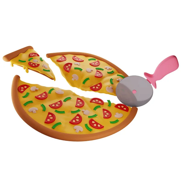 Pizza Com Cogumelos Cortados Com Uma Faca Pizza Diferentes Ações — Fotografia de Stock