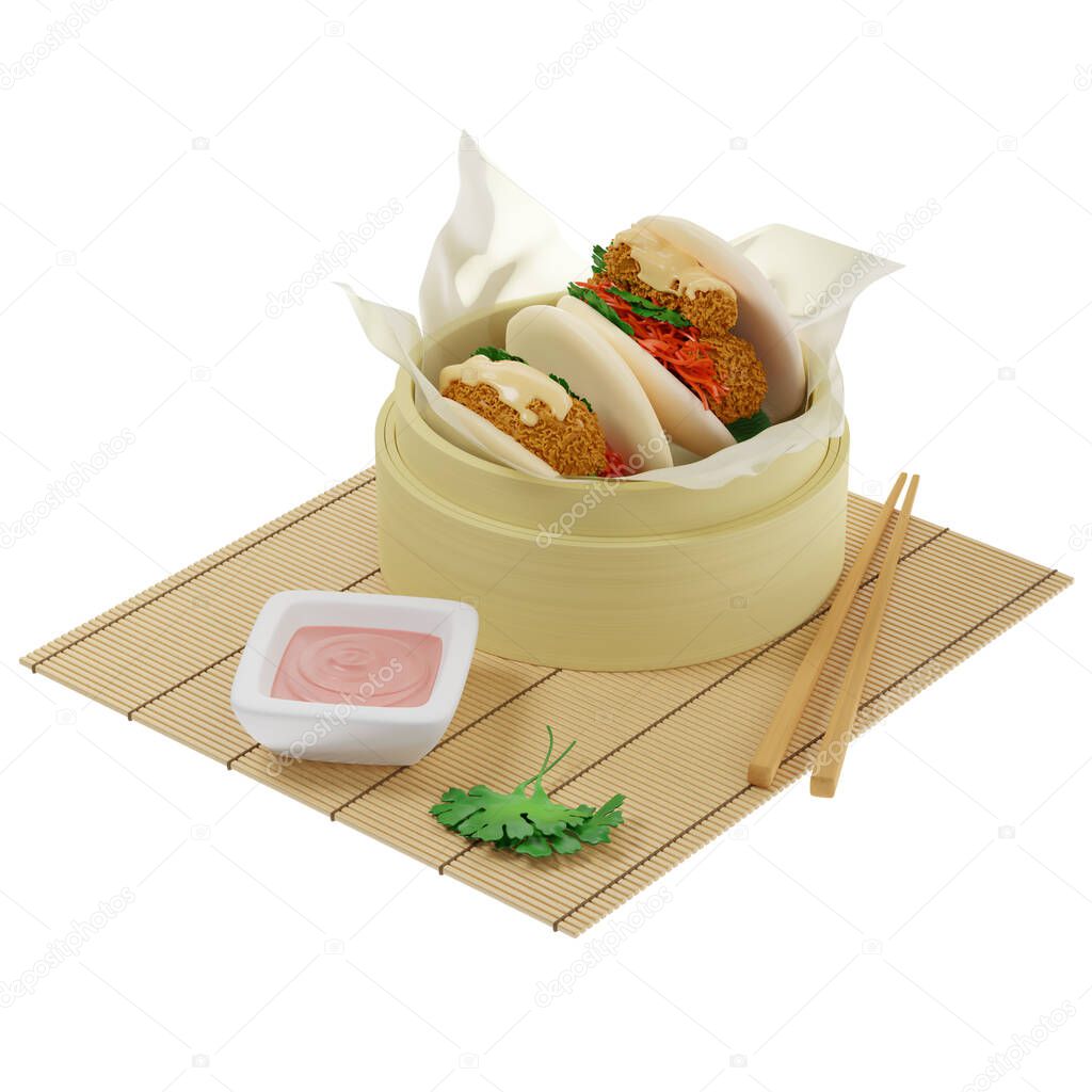 3d steamed Bao buns with tempura shrimps, served in a bamboo steamer on parchment paper with sauce. Isometric view on white background, 3d rendering