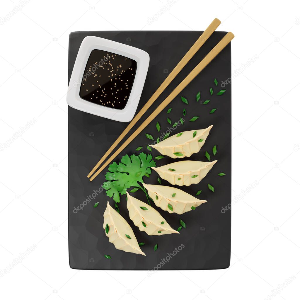3d Gyoza or fried dumplings, sprinkled with onions, on a black slate board, next to chopsticks and soy sauce. Hot Japanese appetizer, top view on white background, 3d rendering