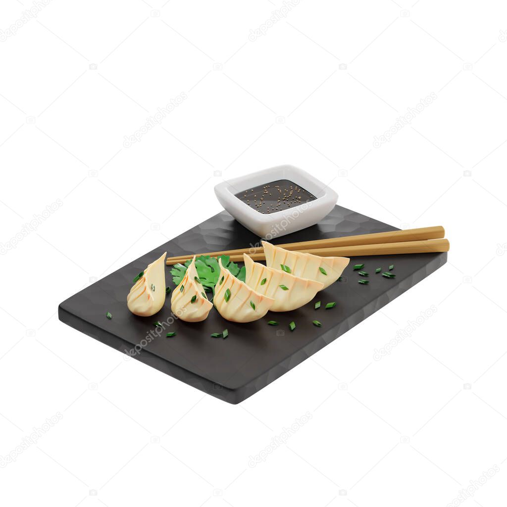 3d Gyoza or fried dumplings, sprinkled with onions, on a black slate board, next to chopsticks and soy sauce. Hot Japanese appetizer, isometric view on white background, 3d rendering