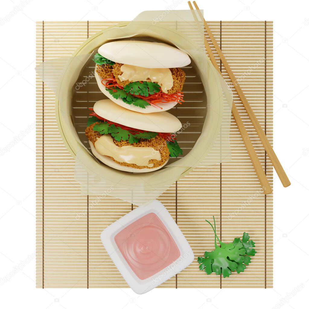 3d steamed Bao buns with tempura shrimps, served in a bamboo steamer on parchment paper with sauce. Top view on white background, 3d rendering