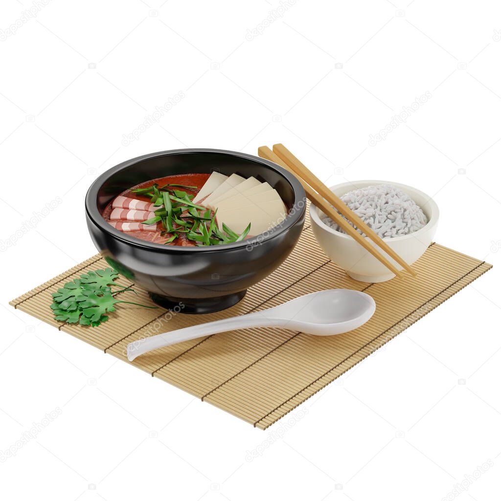 3d traditional Korean soup Kimchi with meat, garnished with tofu and green onions. Served with a plate of rice, on a bamboo mat. Isometric view on white background, 3d rendering