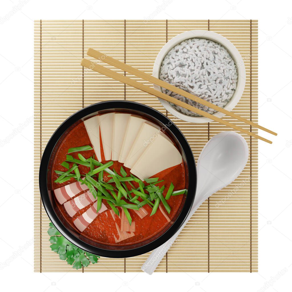 3d traditional Korean soup Kimchi with meat, garnished with tofu and green onions. Served with a plate of rice, on a bamboo mat. Top view on white background, 3d rendering