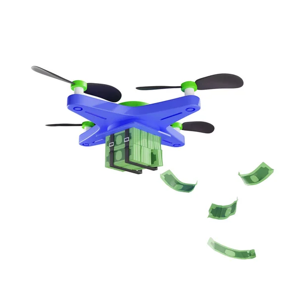 3Dドローン 近代的な技術 貯蓄と金融の概念によるお金の波の配信 白い背景に孤立したイラスト 3Dレンダリング — ストック写真