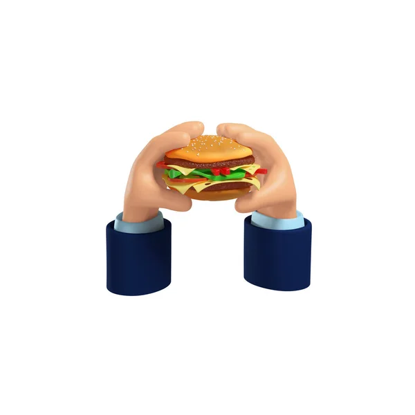 3d hands holding burger, isolated illustration on white background, 3D rendering